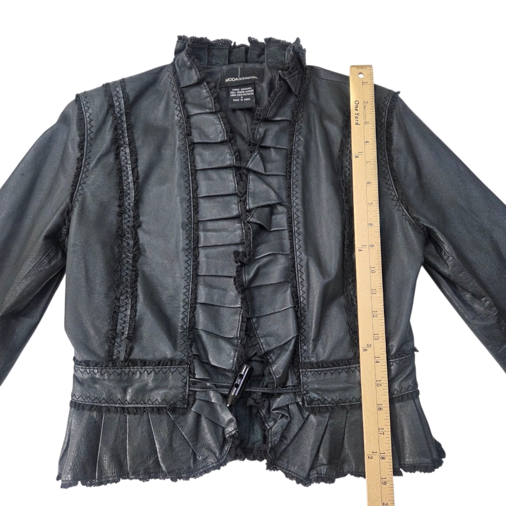 Vintage Y2K Black Leather Jacket Womens Small Ruffle Whimsygoth Romance Coquette - Picture 10 of 12